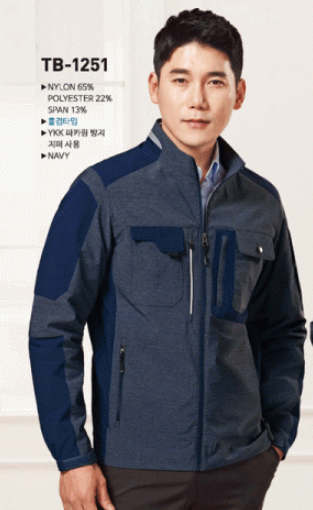 TB-1251 소재	NYLON 65%, POLYESTER 22%, SPAN 13% 사이즈	M , L , XL , 2XL , 3XL , 4XL 색상	NAVY (네이비) 특징	YKK 파카링방지 지퍼 사용 / 홑겹타입 점퍼