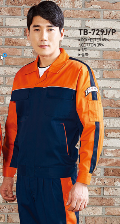 TB-729J / TB-729P 소재	POLYESTER 65%, COTTON 35% 사이즈	상의 : M , L , XL , 2XL , 3XL , 4XL 하의 : 28 , 30 , 32 , 34 , 36 , 38 , 40 색상	NAVY/ORANGE (네이비/오렌지) 특징	하의 밑단 벨크로 비죠 / YKK 지퍼 사용