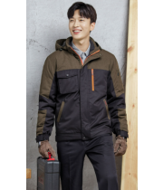 WM-J1401, (점퍼)몸판: Polyester 65% Rayon 35%(T/R),•배색: Cotton 65% Polyester 35%,•Color: Navy/Brown,•사무복과 작업복을 겸할 수 있음